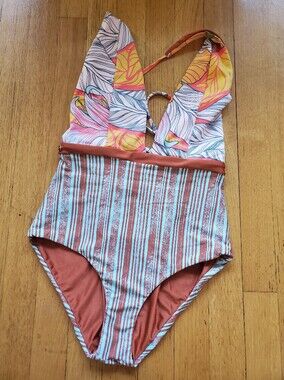 (nwt) Maaji Striped Reversible One-Piece Swimsuit in Rust and Light Blue
